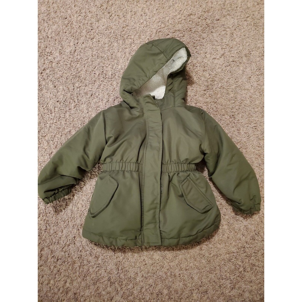Wonder Nation Girls Olive Green Hooded Parka Jacket 3T Sherpa Lined Puffer Coat